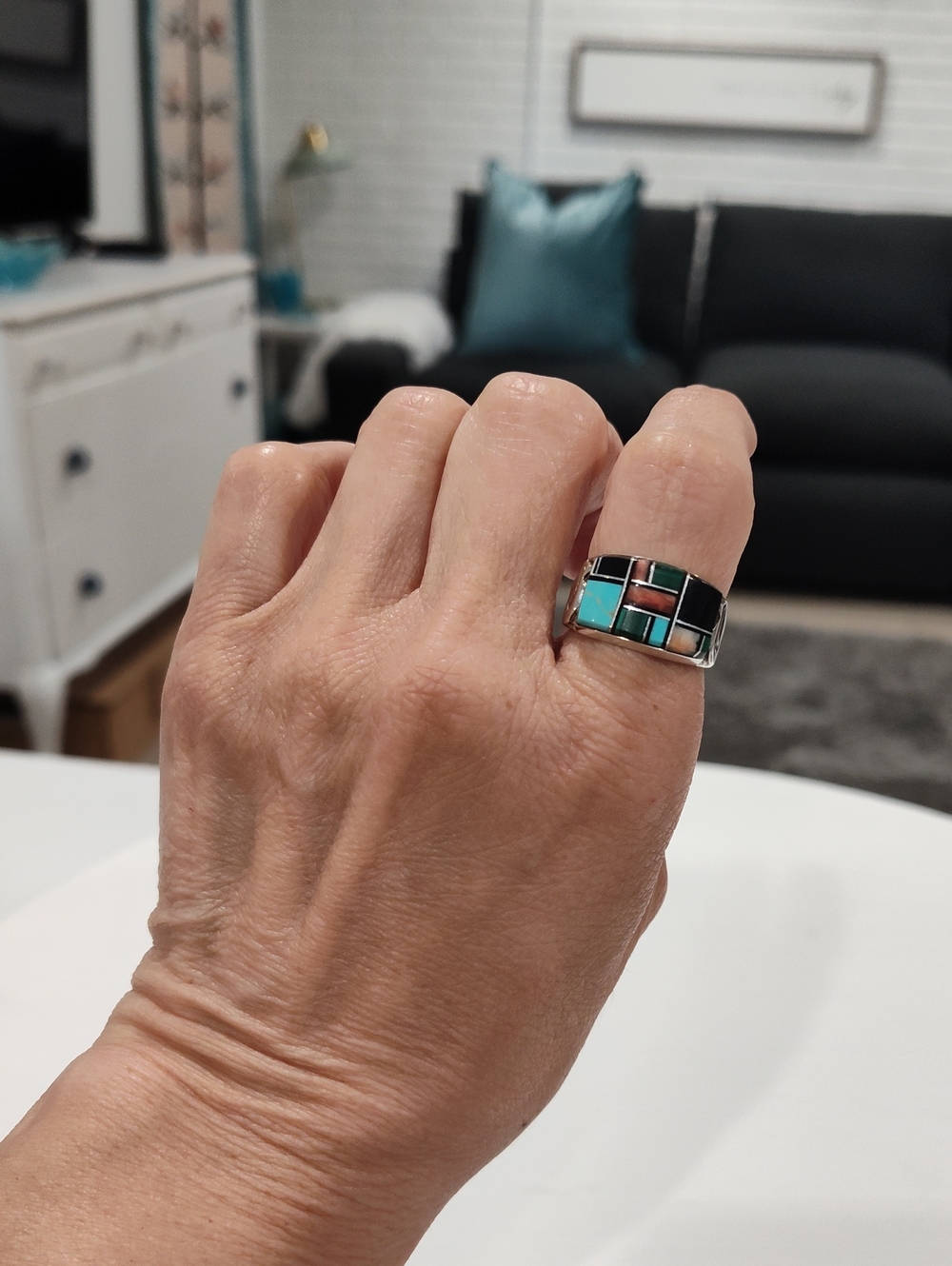 Inlay Grid Sterling Silver Ring Turquoise, Black Onyx & Coral